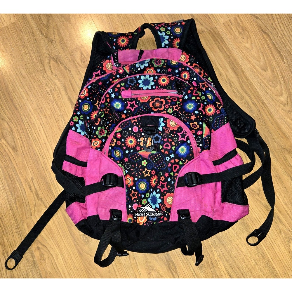 High Sierra Floral Print Black Pink Back Pack‎ School Bag Pockets